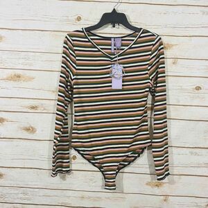 Good Luck Girl multicolor striped long‎ sleeve stretchy women's body suit XL